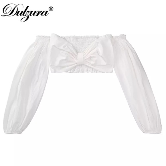 NWOT Dulzura Ruched Bow Crop Top Shirt Puff Long Sleeve Off Shoulder L - Picture 5 of 6